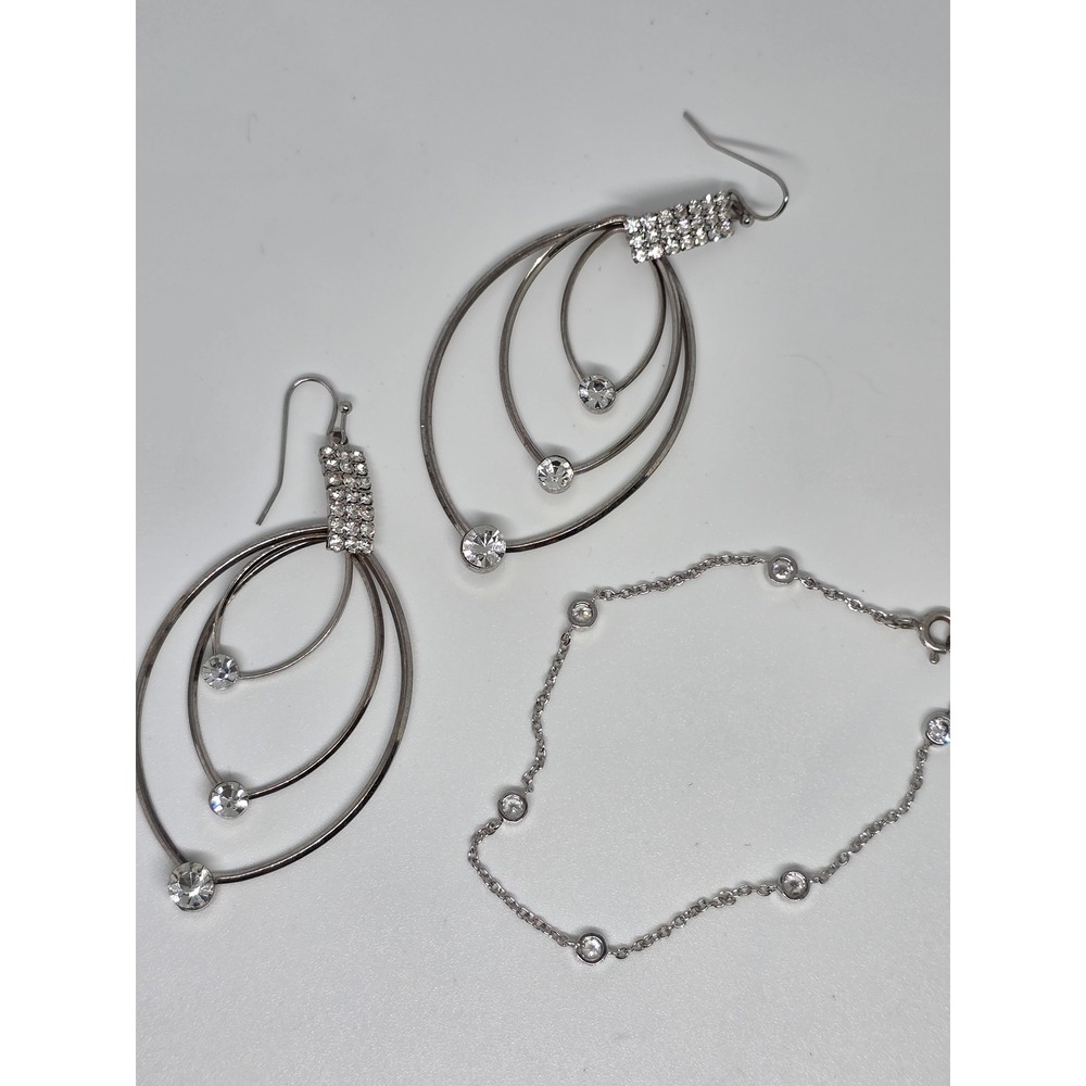 Silver Tone Crystal Earrings Bracelet Set Womens Jewelry